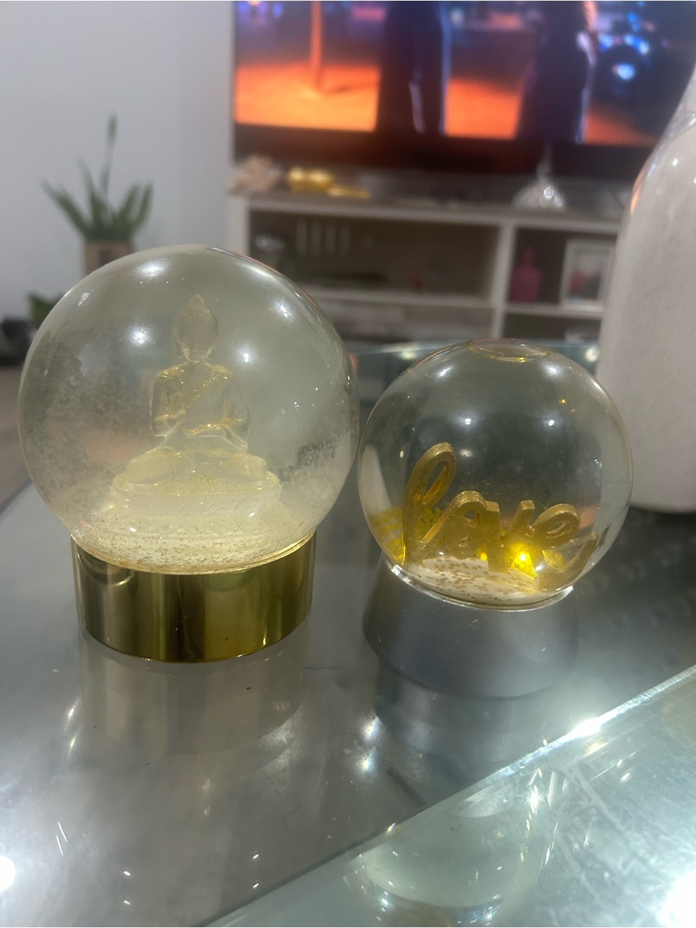 Decorative Buddha and 'Love' Snow Globes - Gold & Clear